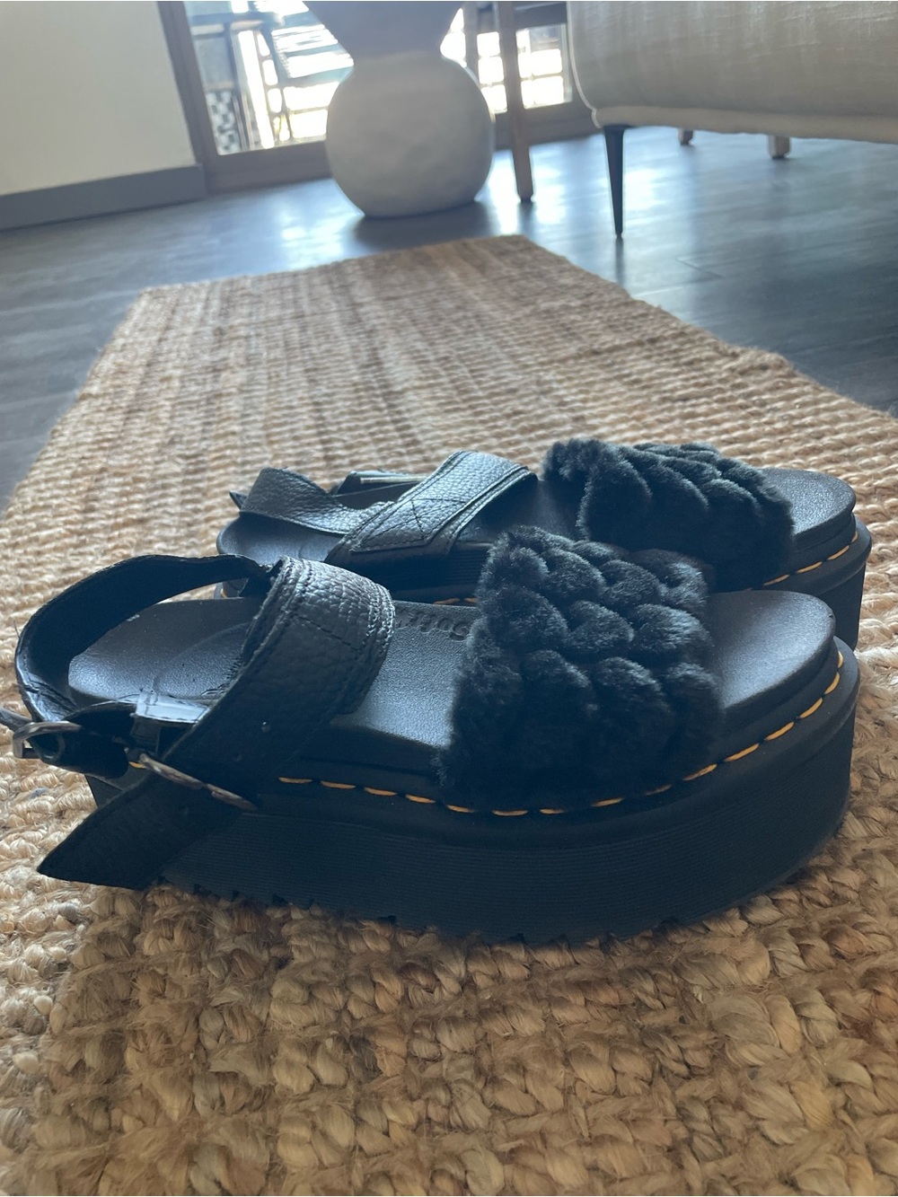 Dr. Martens Black Furry Platform Sandals with Yellow Stitching - Picture 9 of 10